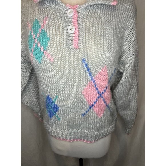EVIAN II Knitted by Hand Women's Sweater Size M Long Sleeve Collar Grey/Pink - Picture 10 of 13